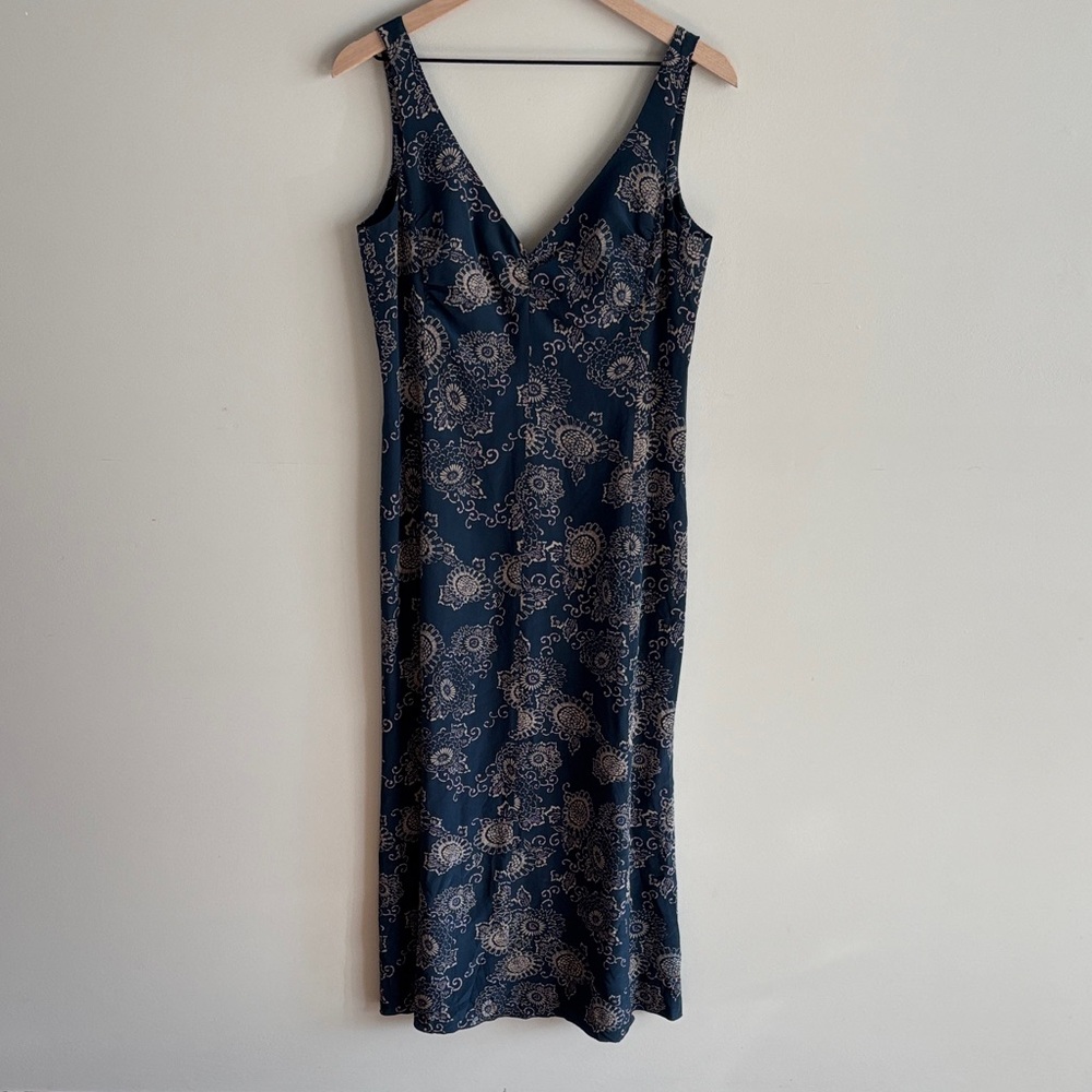 J. Crew • 100% silk navy blue floral midi dress